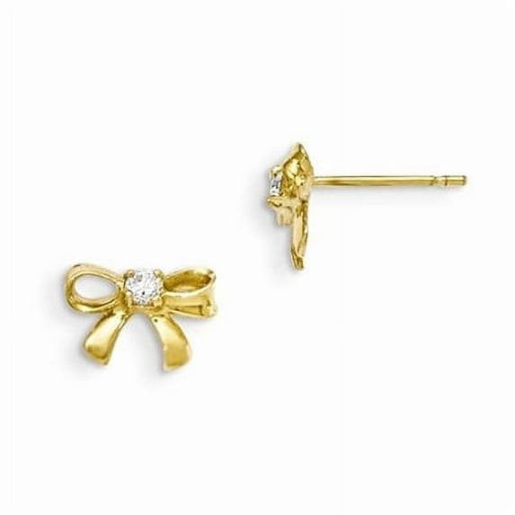 Prong Set Bow Earrings with Simulated Round Brilliant Diamond by Diamond Essence set in 14K Solid Yellow Gold