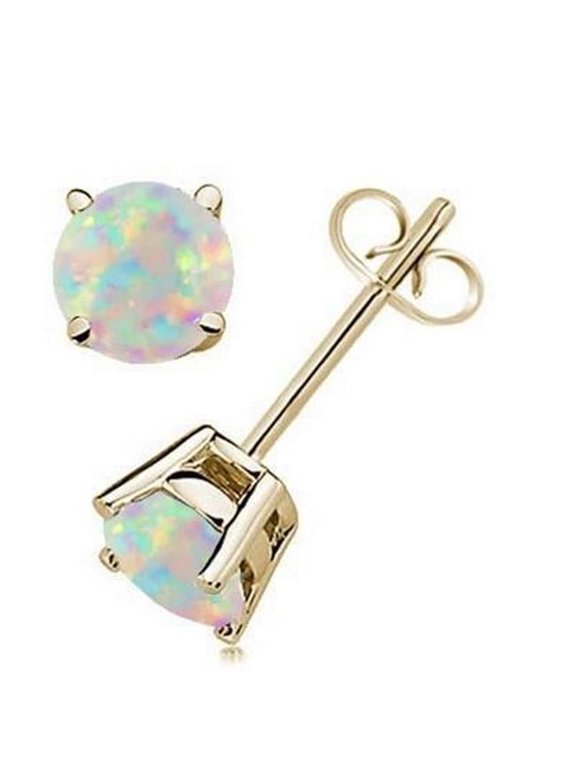 Prong Set Brilliant Cut 10 CT Opal Stud Earrings, 14K White Gold