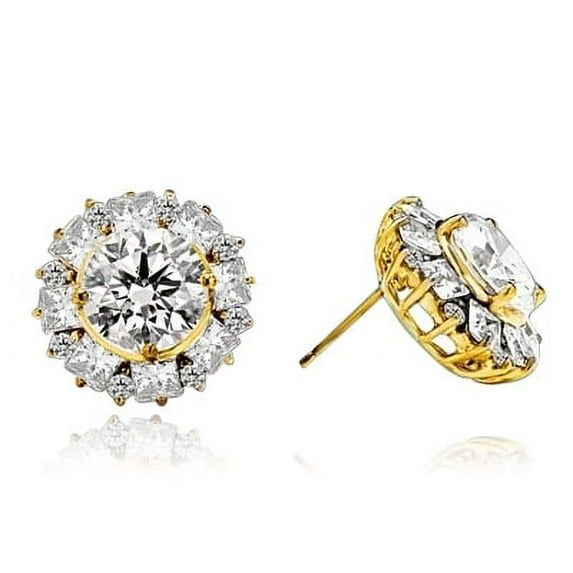 Prong Set Designer Earrings with Man Made Round Brilliant Center surrounded by Princess Cut Diamonds and Melee by Diamond Essence set in 14K Solid Yellow Gold