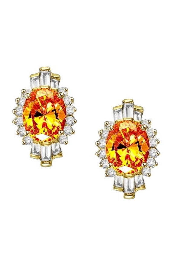 Prong Set Designer Earrings with Oval Cut Canary, Brilliant Melee and Baguettes by Diamond Essence set in Vermeil