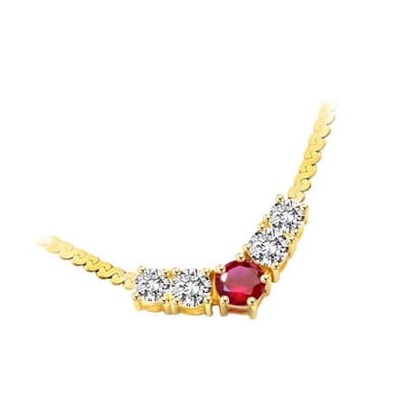 Prong Set Designer Necklace with Five Simulated Round Cut Ruby and Brilliant Diamonds by Diamond Essence set in Vermeil