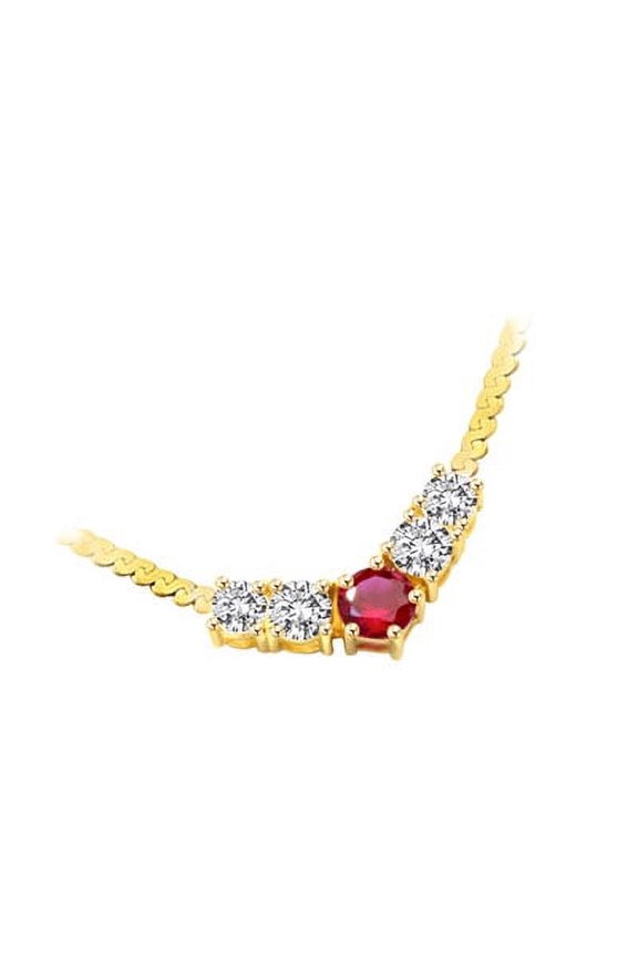 Prong Set Designer Necklace with Five Simulated Round Cut Ruby and Brilliant Diamonds by Diamond Essence set in Vermeil