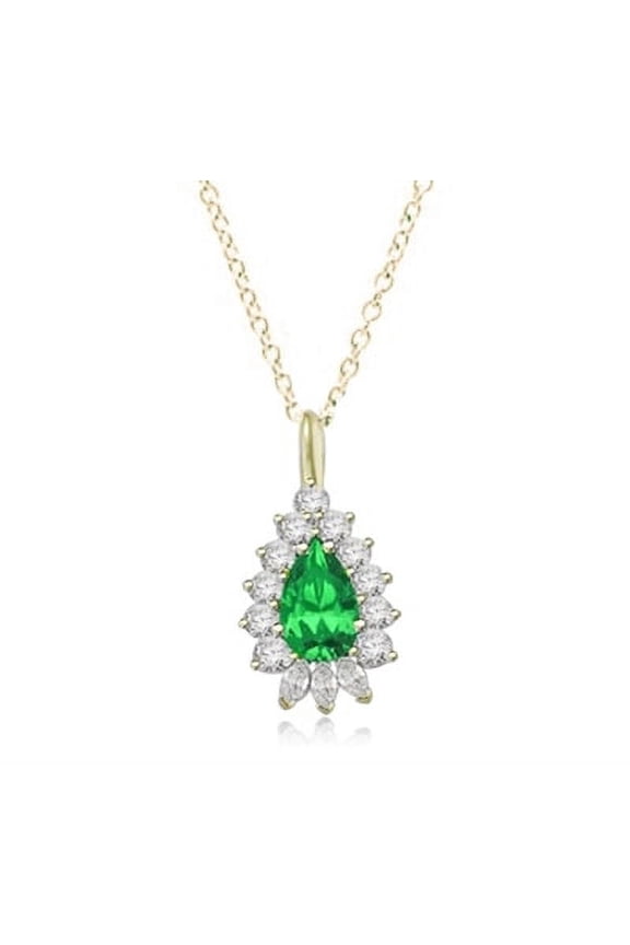 Prong Set Designer Pendant with Simulated Pear Cut Emerald Essence Center, Brilliant Melee and Marquise Diamonds by Diamond Essence set in 14K Solid Yellow Gold