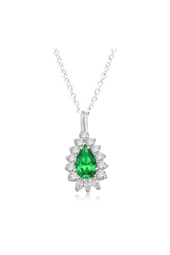 Prong Set Designer Pendant with Simulated Pear Cut Emerald Essence Center, Brilliant Melee and Marquise Diamonds by Diamond Essence set in Sterling Silver