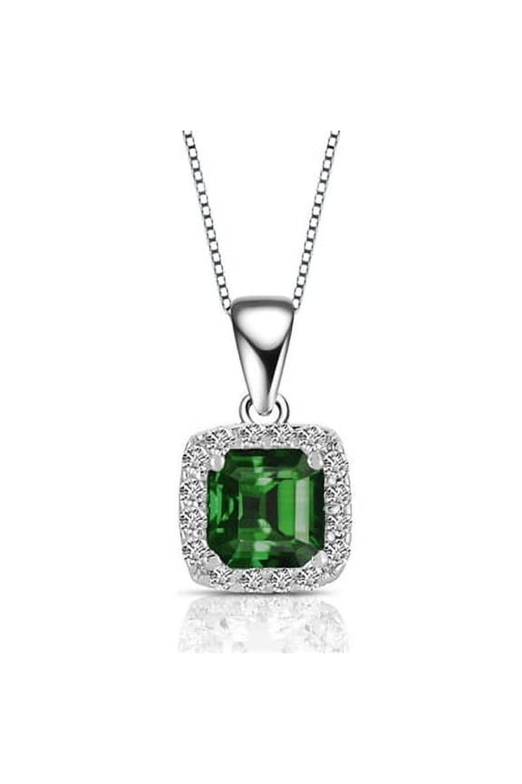 Prong Set Designer Pendant with Simulated Asscher Cut Emerald Essence and Round Brilliant Melee Diamonds by Diamond Essence set in Sterling Silver