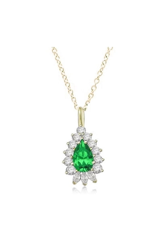 Prong Set Designer Pendant with Simulated Pear Cut Emerald Essence Center, Brilliant Melee and Marquise Diamonds by Diamond Essence set in Vermeil