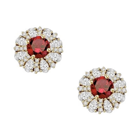 Prong Set Designer Stud Earrings with Lab-made Round Cut Ruby surrounded by Pear Cut Diamond and Melee by Diamond Essence set in 14K Solid Yellow Gold