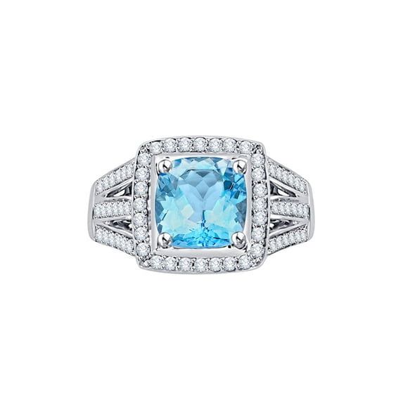 Prong Set Diamond and Cushion Cut Blue Topaz Engagement Ring in 14K White Gold (1 1/10 cttw, G-H, I2-I3)