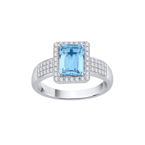Prong Set Diamond and Emerald Cut Blue Topaz Halo Ring in 14K White Gold (1 1/10 cttw, G-H, I2-I3)