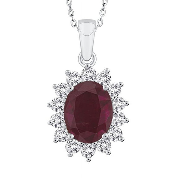 Prong Set Diamond and Oval Cut Ruby Pendant Necklace in 14K White Gold (1 3/4 cttw, G-H, I2-I3)