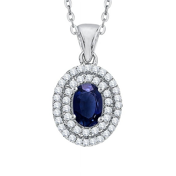 Prong Set Diamond and Oval Cut Sapphire Halo Pendant Necklace in 10K White Gold (1 1/3 cttw, G-H, I2-I3)