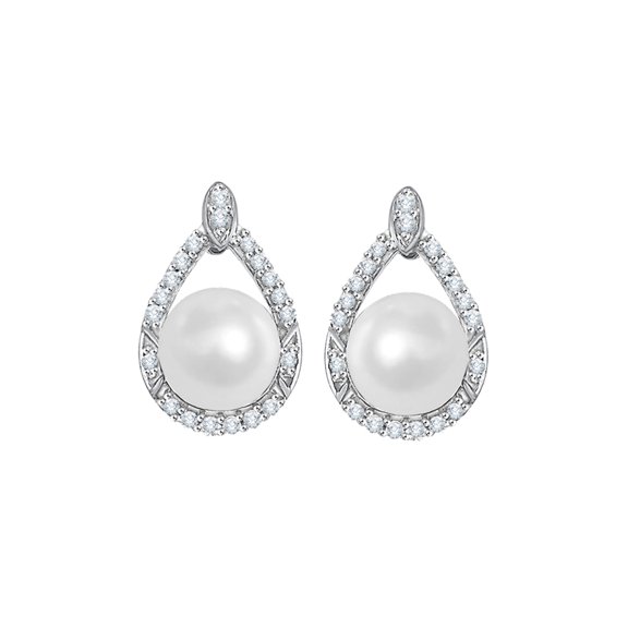 Prong Set Diamond with Pearl Fashion Earrings in 14K White Gold (1/8 cttw, G-H, I2-I3)