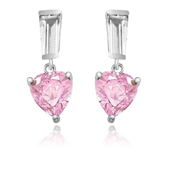 Prong Set Drop Earrings with Artificial Heart Shape Pink and Brilliant Baguettes Diamond by Diamond Essence set in Sterling Silver