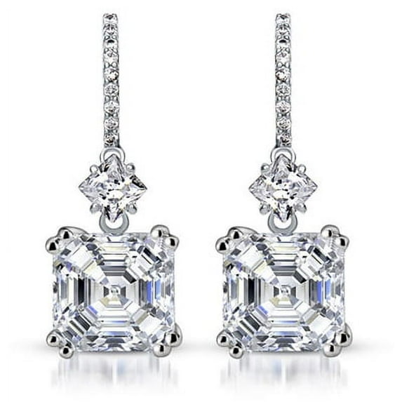 Prong Set Drop Earrings with Asscher Cut Simulated Diamond by Diamond Essence set in Sterling Silver
