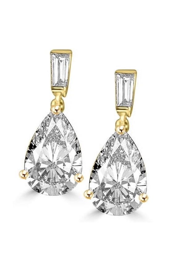 Prong Set Drop Earrings with Simulated Pear Cut Diamonds and Baguettes by Diamond Essence set in 14K Solid Yellow Gold