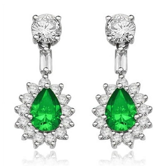Prong Set Earrings with Pear Cut Emerald, Brilliant Baguettes and Round Brilliant Melee Diamond by Diamond Essence set in Sterling Silver