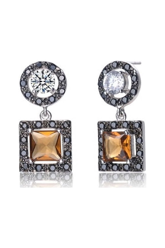 Prong Set Earrings with Princess Cut Chocolate Essence, Round Brilliant Diamond and Round Onyx Melee by Diamond Essence set in Sterling Silver