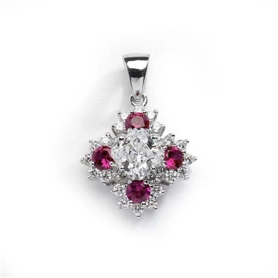 Prong Set Floral Pendant with Man-made Brilliant Asscher Cut Center Diamond, Round Cut Ruby and Melee by Diamond Essence set in 14K Solid White Gold