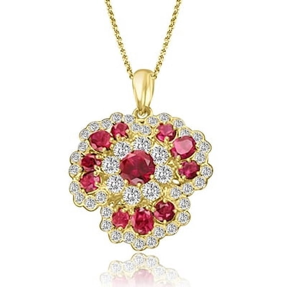 Prong Set Floral Pendant with Simulated Round and Oval Cut Ruby and Round Brilliant Melee Diamonds by Diamond Essence set in 14K Solid Yellow Gold