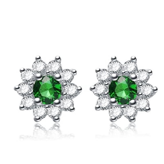 Prong Set Floral Studs with Simulated Round Cut Emerald and Brilliant Melee Diamonds by Diamond Essence set in Sterling Silver