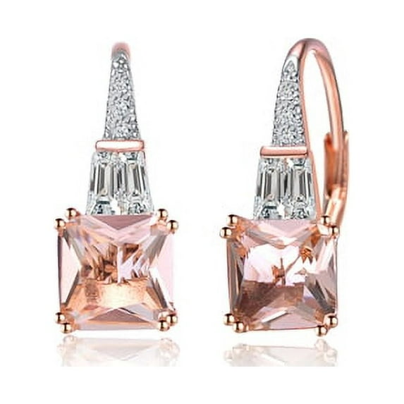Prong Set Lever-back Earrings with Artificial Morganite, Princess Cut Diamond with Baguettes and Melee by Diamond Essence set in Rose Plated Sterling Silver