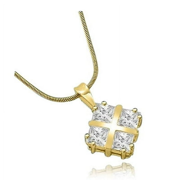 Prong Set Pendant with Artificial Princess Cut Diamond by Diamond Essence set in 14K Solid Yellow Gold