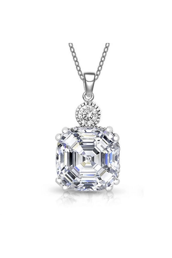Prong Set Pendant with Simulated Asscher cut and Round Brilliant Diamond on top by Diamond Essence set in Sterling Silver