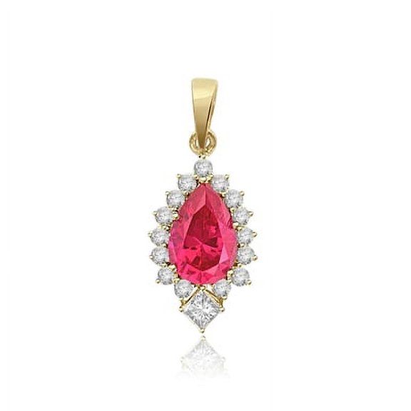 Prong Set Pendant with Simulated Pear Cut Ruby Center, Brilliant Melee and Princess Cut Diamonds by Diamond Essence set in 14K Solid Yellow Gold