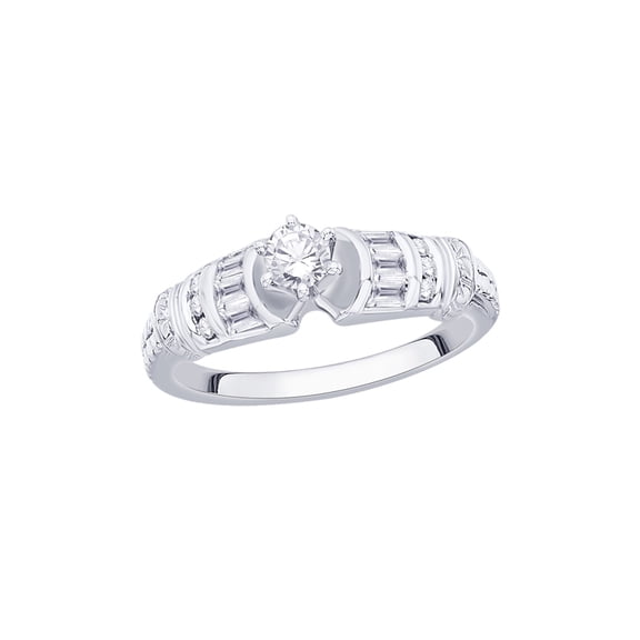 Prong Set Round and Baguette Cut Diamond Engagement Ring in 14K White Gold (1 cttw)
