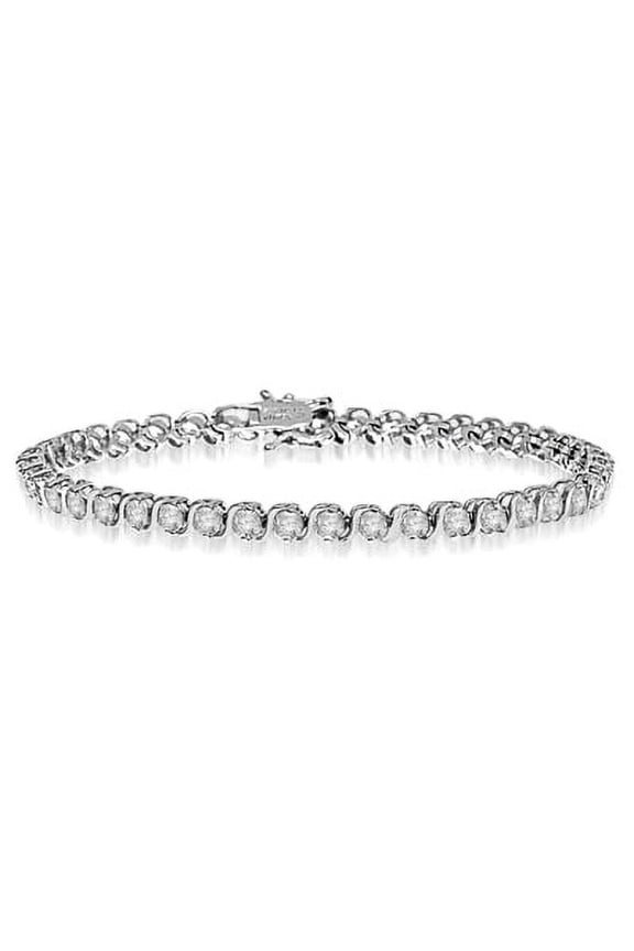 Prong Set S-curve Tennis Bracelet with Simulated Round Brilliant Diamonds by Diamond Essence set in 14K Solid White Gold