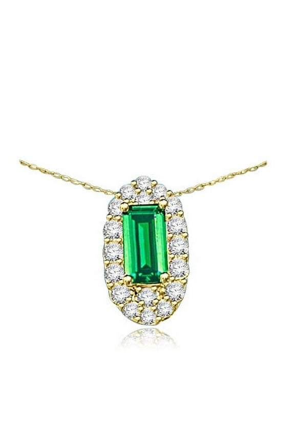 Prong Set Slide Pendant with Synthetic Emerald Cut Emerald Essence Center and Round Brilliant Melee Diamonds by Diamond Essence set in 14K Solid Yellow Gold