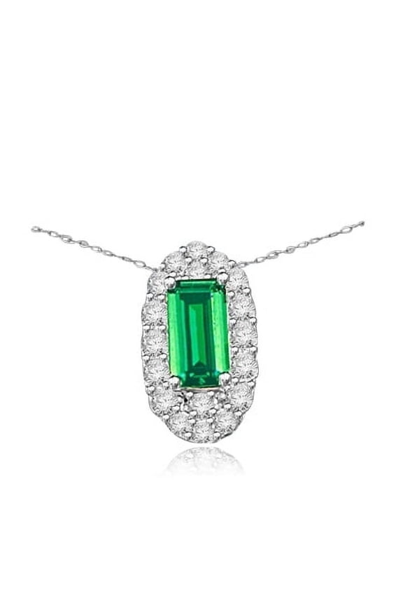 Prong Set Slide Pendant with Synthetic Emerald Cut Emerald Essence Center and Round Brilliant Melee Diamonds by Diamond Essence set in 14K Solid White Gold