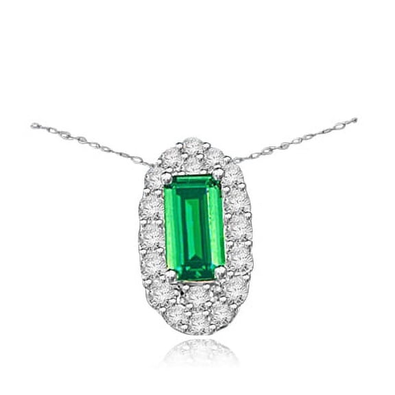 Prong Set Slide Pendant with Synthetic Emerald Cut Emerald Essence Center and Round Brilliant Melee Diamonds by Diamond Essence set in Sterling Silver