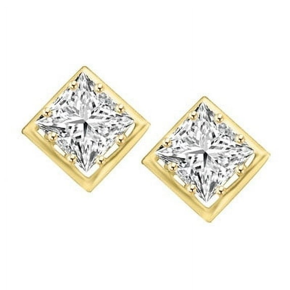 Prong Set Stud Earrings with Simulated Princess Cut Diamond by Diamond Essence set in 14K Solid Yellow Gold