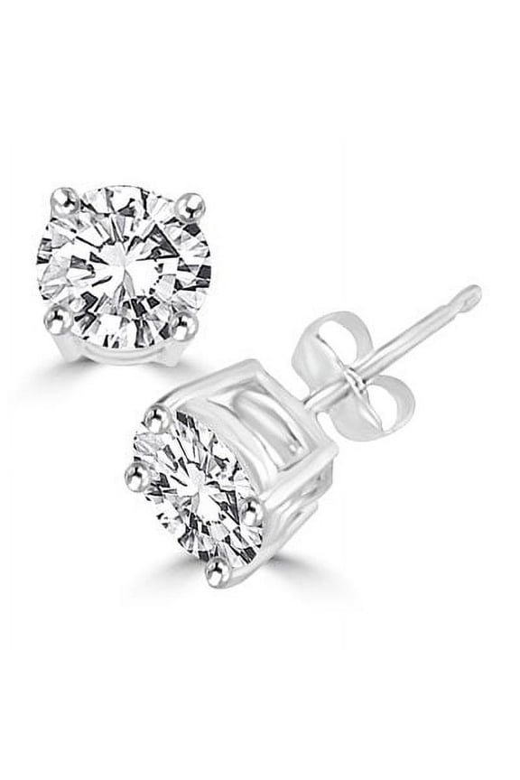 Prong Set Stud Earrings with Simulated Round Brilliant Diamond by Diamond Essence set in Sterling Silver