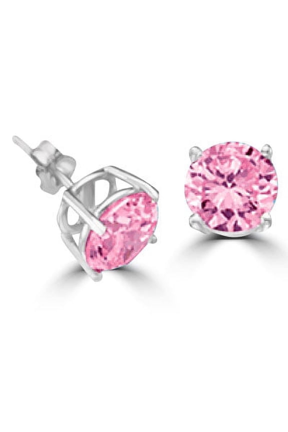 Prong Set Stud Earrings with Simulated Round Cut Pink Diamond by Diamond Essence set in Sterling Silver