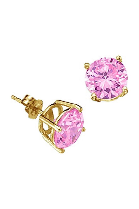 Prong Set Stud Earrings with Simulated Round Cut Pink Diamond by Diamond Essence set in Vermeil