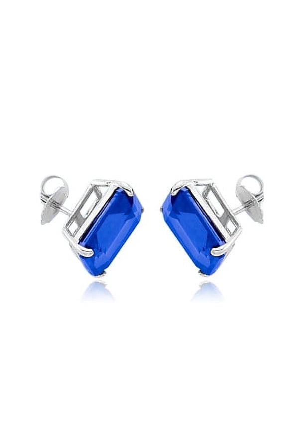 Prong Set Stud Earrings with Synthetic Emerald Cut Sapphire Diamond by Diamond Essence set in Sterling Silver