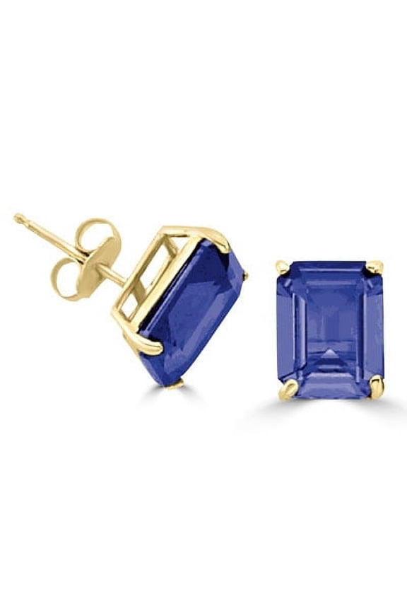 Prong Set Stud Earrings with Synthetic Emerald Cut Sapphire Diamond by Diamond Essence set in Vermeil