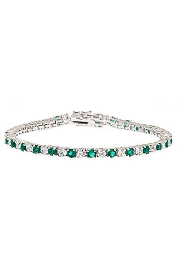 Prong Set Tennis Bracelet with Artificial Round Cut Emerald Essence and Brilliant Diamonds by Diamond Essence set in Sterling Silver