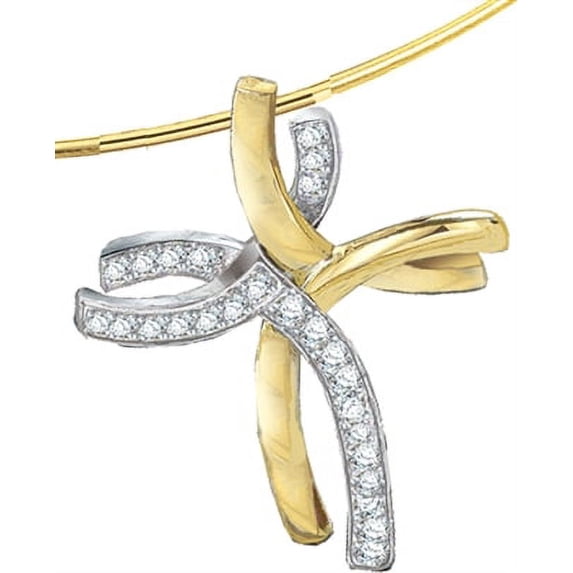 Prong Set Two-Tone Cross Pendant with Round Brilliant Melee Diamonds by Diamond Essence set in 14K Solid White Gold