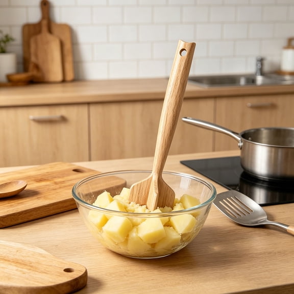 Pronged, Mashing - Potato Mashing Stick, Safe Heat Resistant Wooden Meat Chopper Tool for Everyday Home Cooks (9.1x3.1x2.4 Inch)
