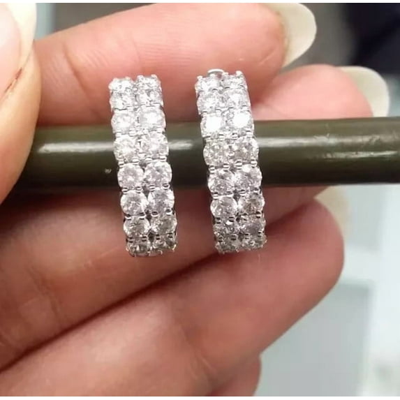 Prongs Double Row Hoop Earrings 2 Ct Round Cut White Moissanite 14K White Gold Plated