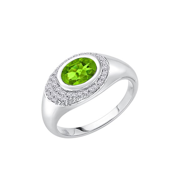 Prongs Set Diamond and Oval Cut Peridot Engagement Ring in Sterling Silver (1 1/3 cttw, G-H, I2-I3)