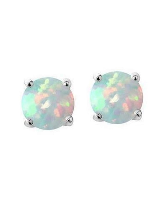 Prongs Set Round Cut 14 CT Opal Stud Earrings, 14K White Gold