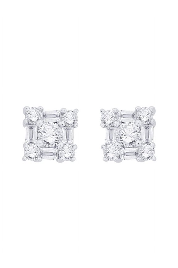 Prongs Set Round and Baguette Cut Diamond Stud Earrings in 10K White Gold (1 cttw, G-H, I1-I2)