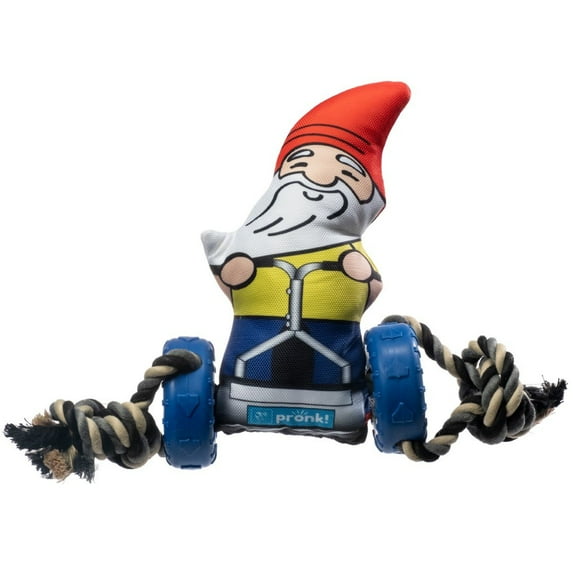 Pronk! Garden Gnome with Reel Lawn Mower 12-Inch Durable Soft Plush Squeaky Rope Dog Toy