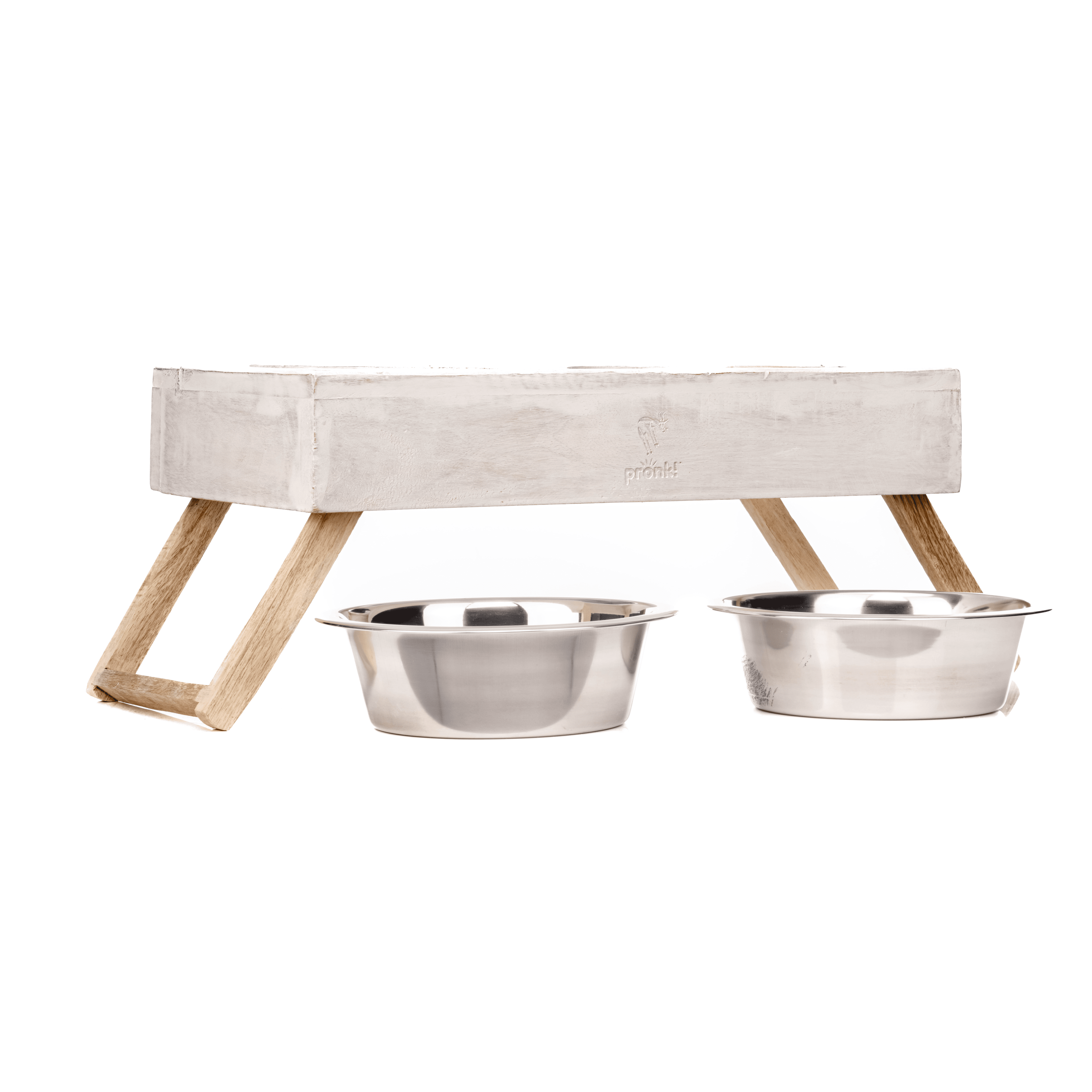 Pronk! Whitewash White Large 19 x 8 Inch Wood Adjustable Water & Pet Food Feeder