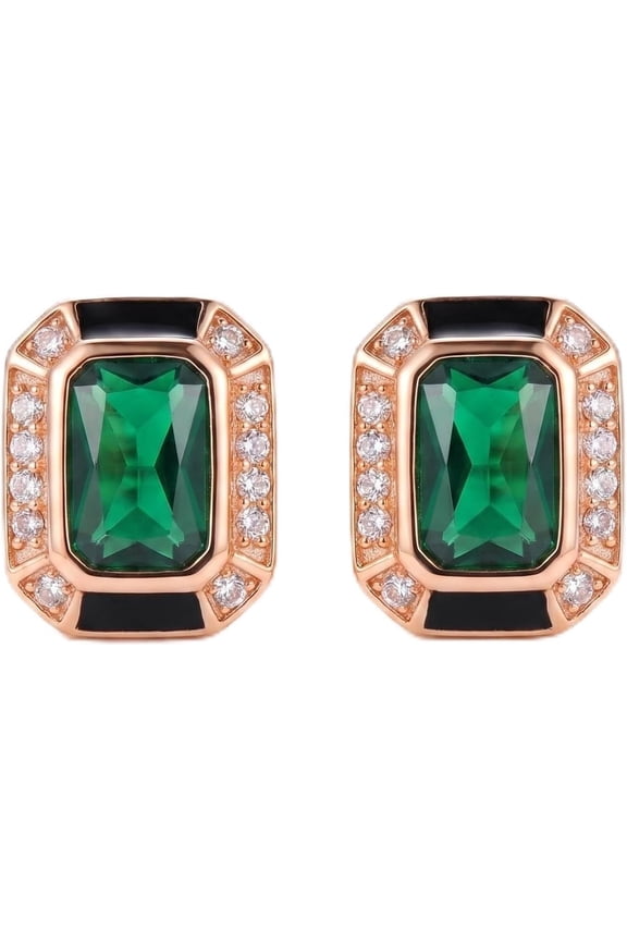 925 Silver Rose Gold Plated Emerald Stud Earrings, Sparkling Emerald, Versatile Square Design