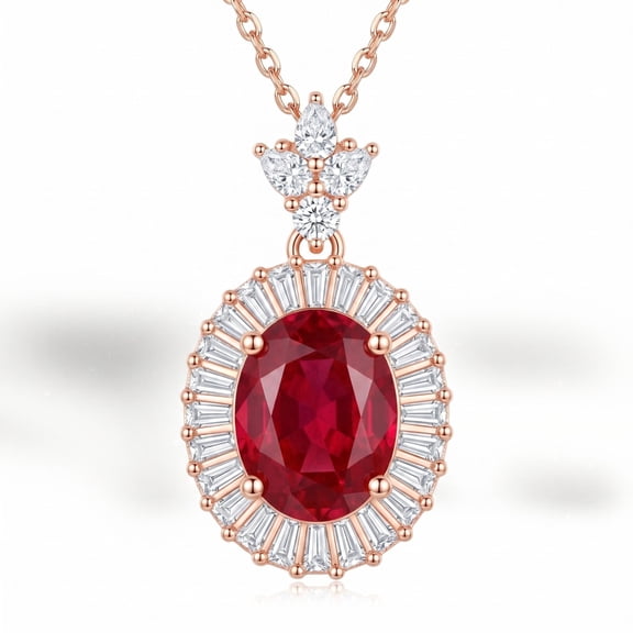 Pronoia Silver & Stone Jewels 14K Rose Gold Plated Ruby Pendant Necklace with Diamond Halo for Women (Size-15mmX23mm) July Birthstone Jewelry
